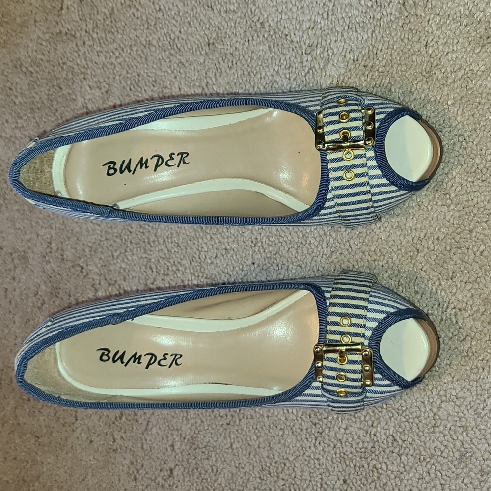 Bumper Denim canvas blue white Stripe Peep toe heels pumps shoes 6 6.5 read